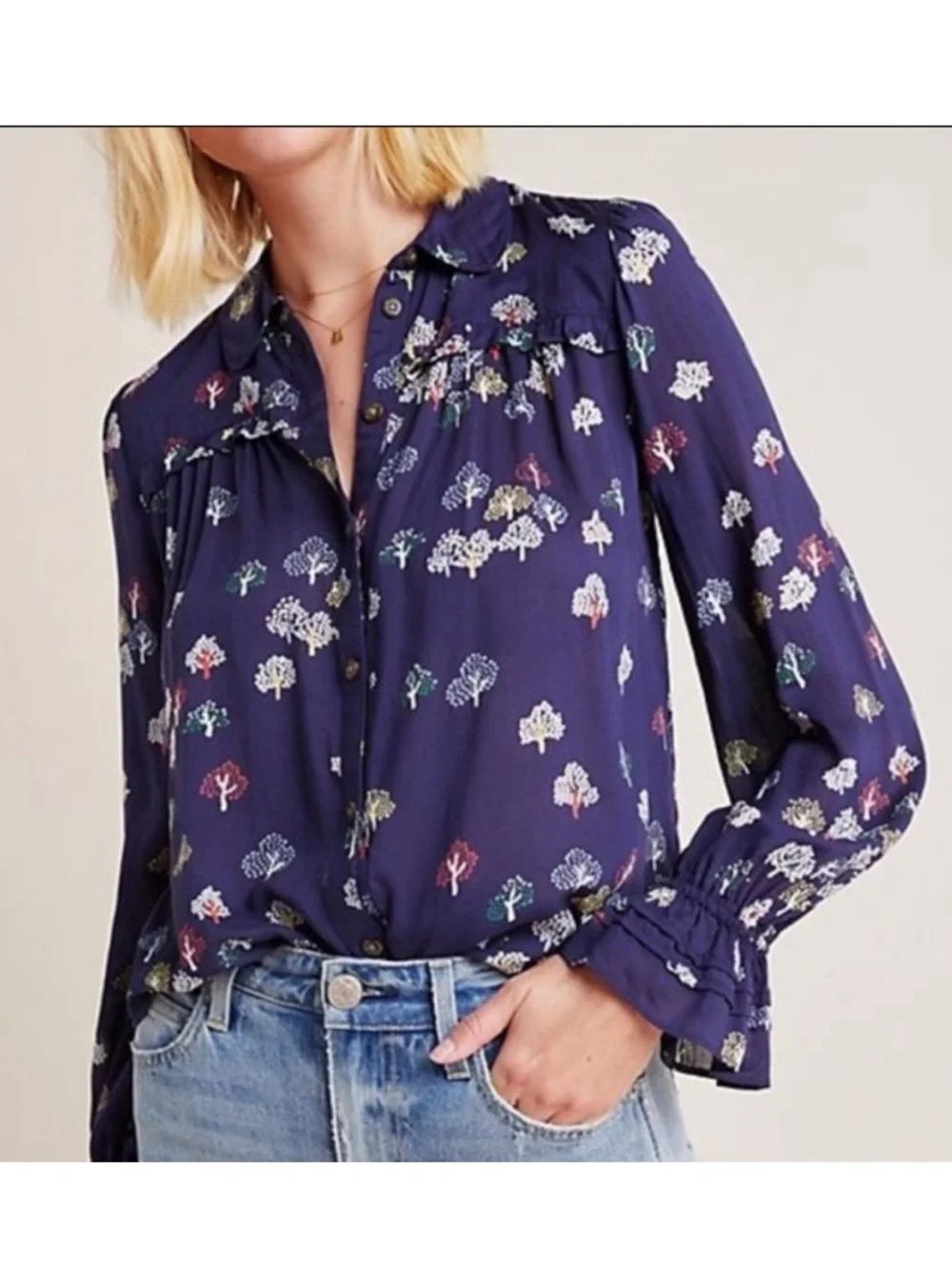 Anthropologie Maeve Fredericka Button Down Tree Print Top Size 8